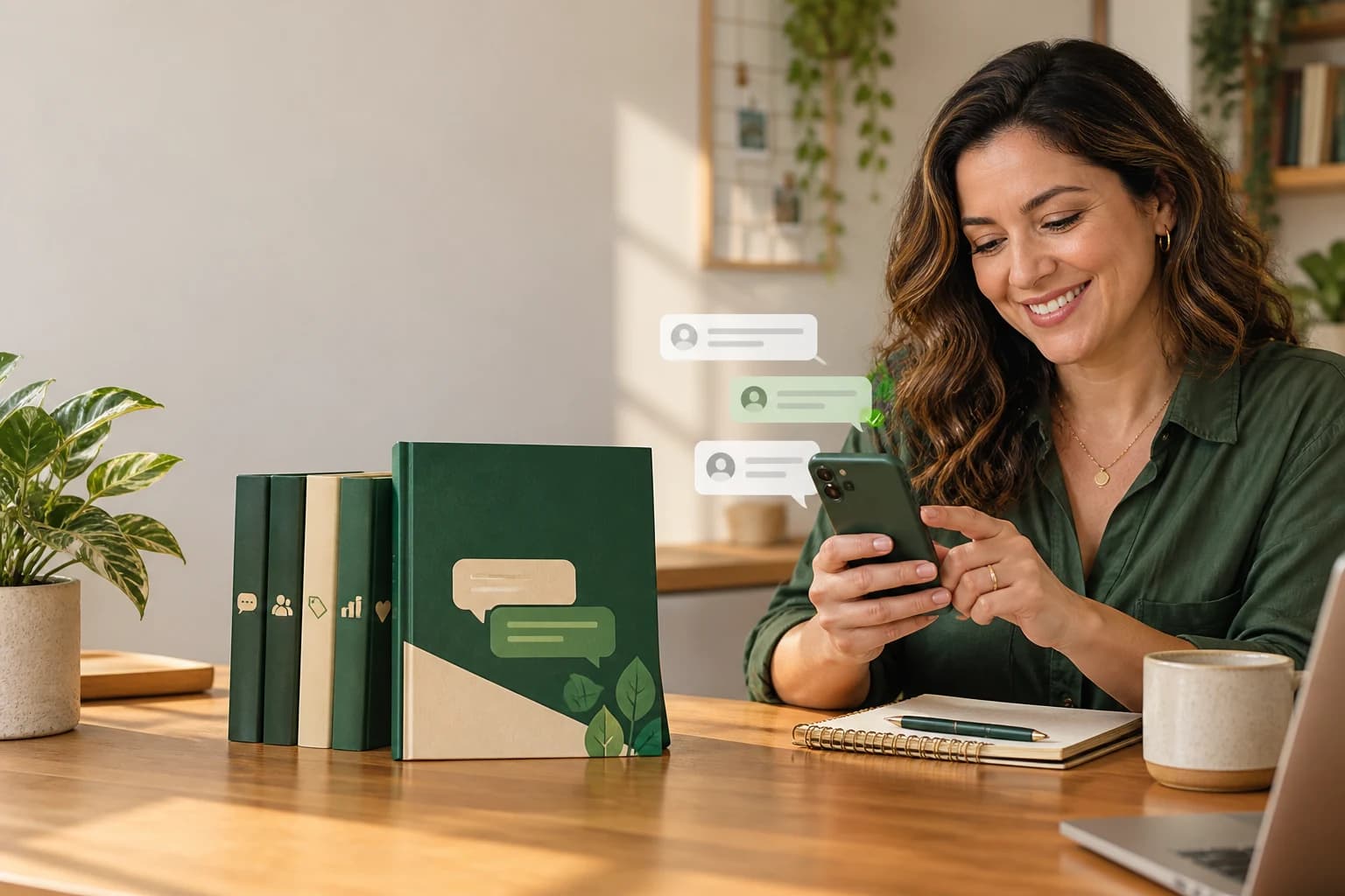 Empreendedora consultando mensagens organizadas para atender clientes pelo celular